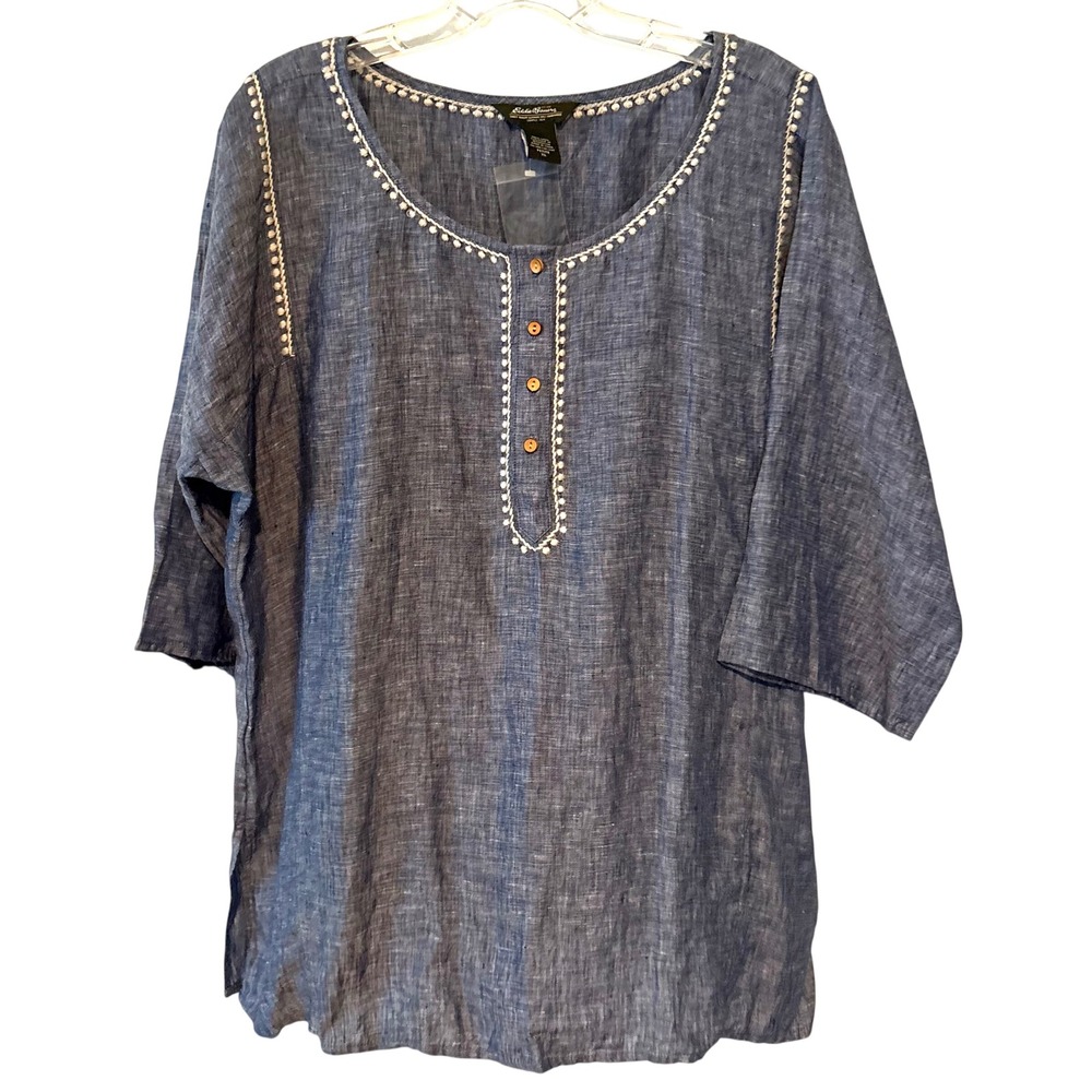 NWOT Eddie Bauer Linen Chambray Embroidered Popover Top in XLP